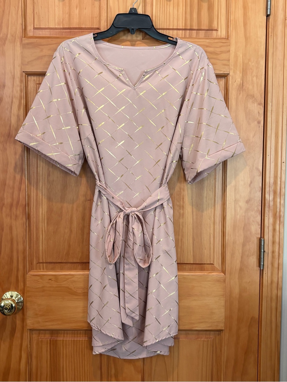 SHEIN Blush Pink Dress with Gold Foil Grid and Tie Waist